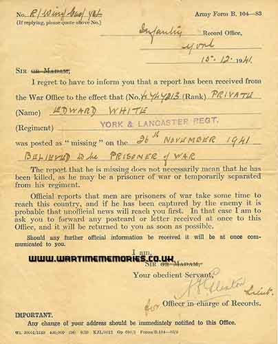 Form telling his parents he had been taken prisoner